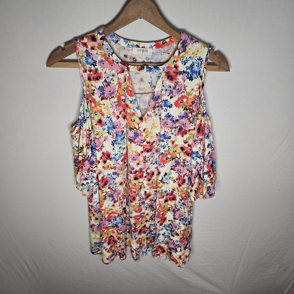 Umgee Women’s Floral Mini Dress Size S Cutout Bell Sleeves Oversized Relaxed Fit